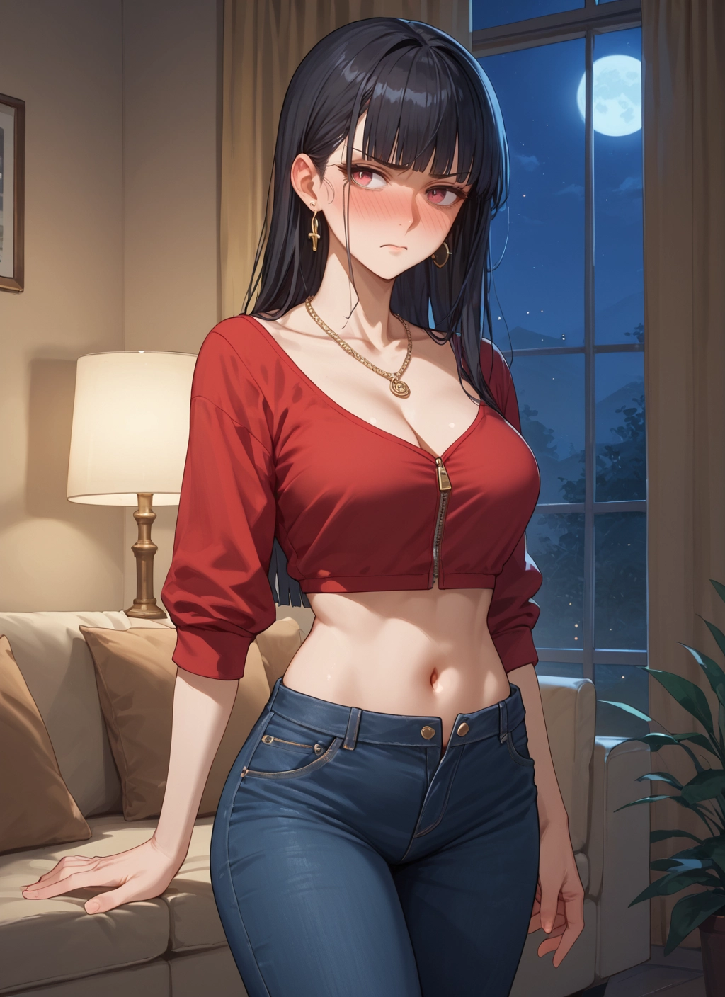 1girl, breasts, navel, black hair, jewelry, long hair · Yamete.gg