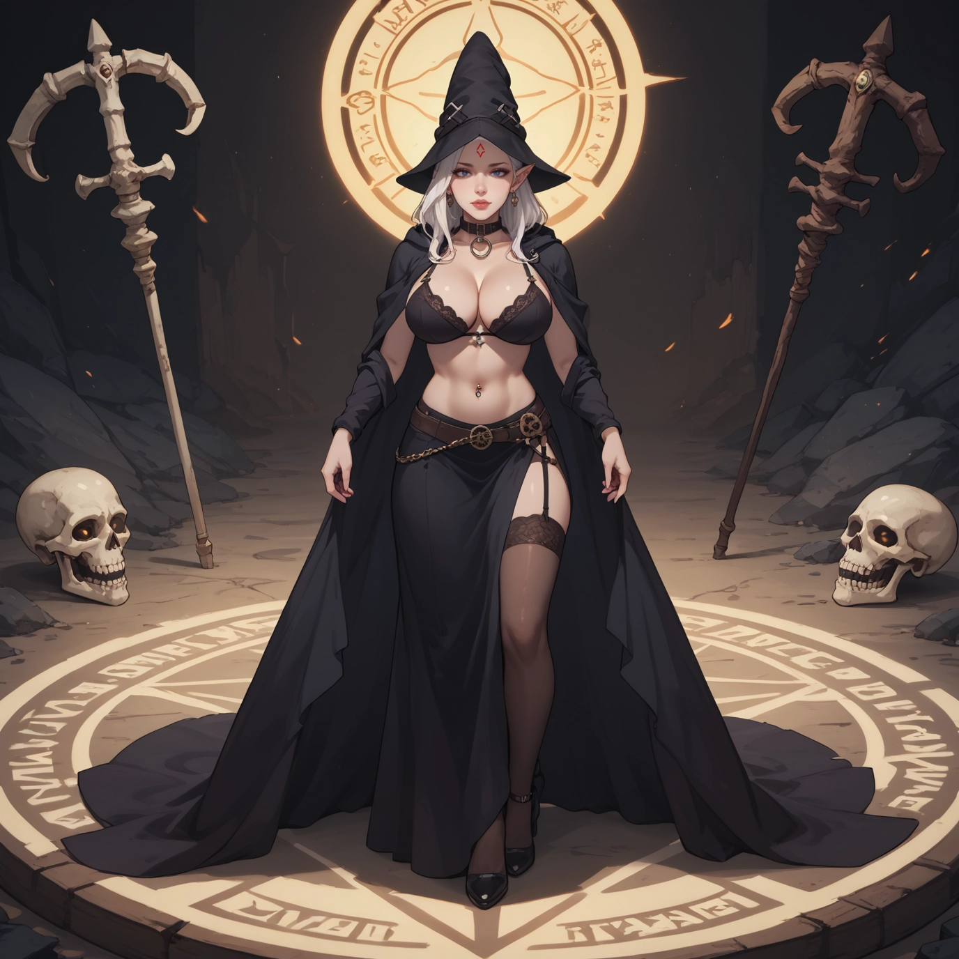 1girl, breasts, hat, thighhighs, witch hat, staff · Yamete.gg