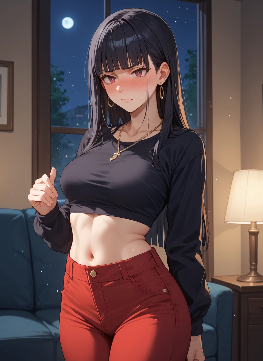 1girl, long hair, navel, jewelry, breasts, earrings · Yamete.gg