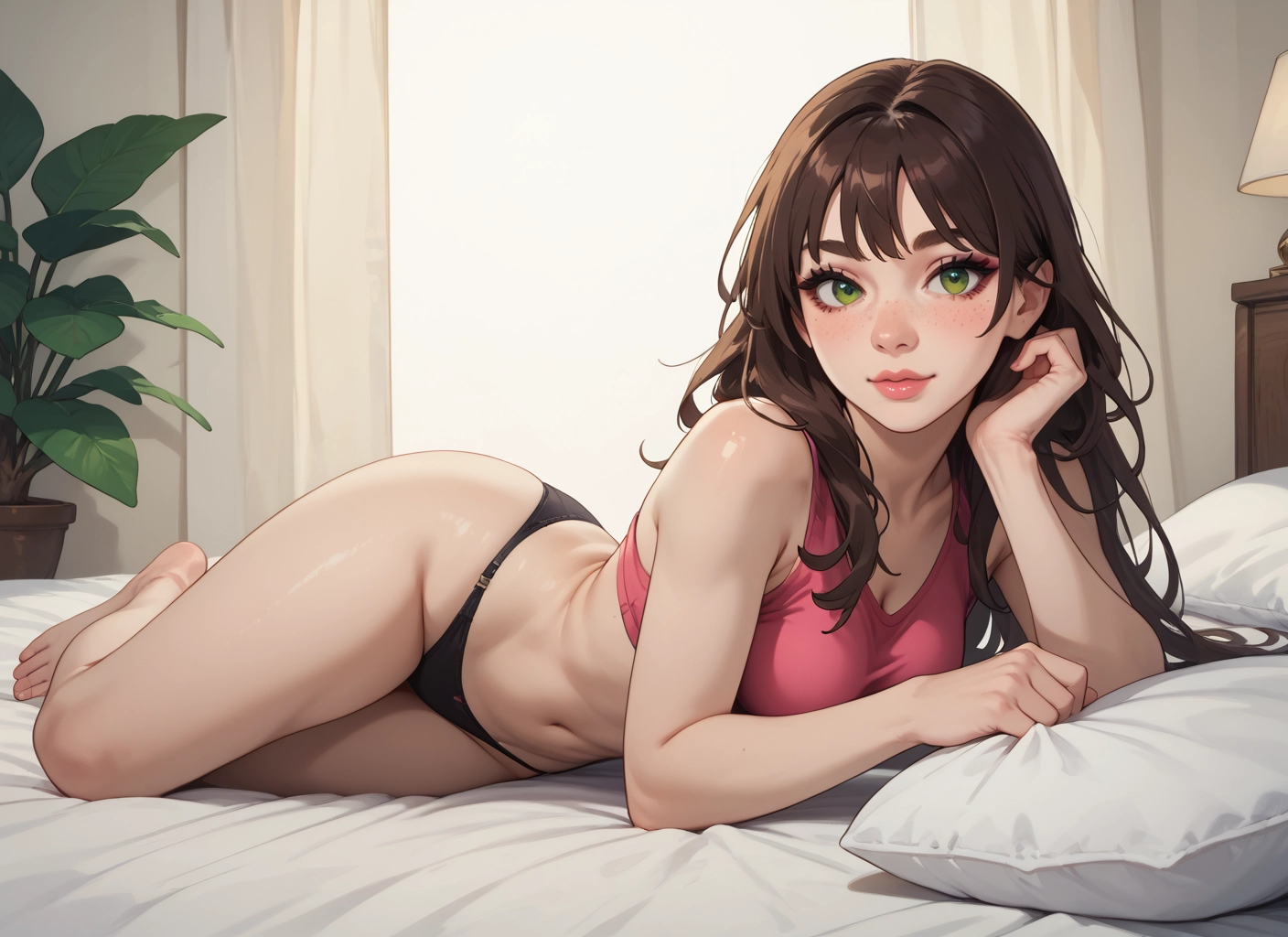 1girl, solo, green eyes, underwear, panties, brown hair · Yamete.gg