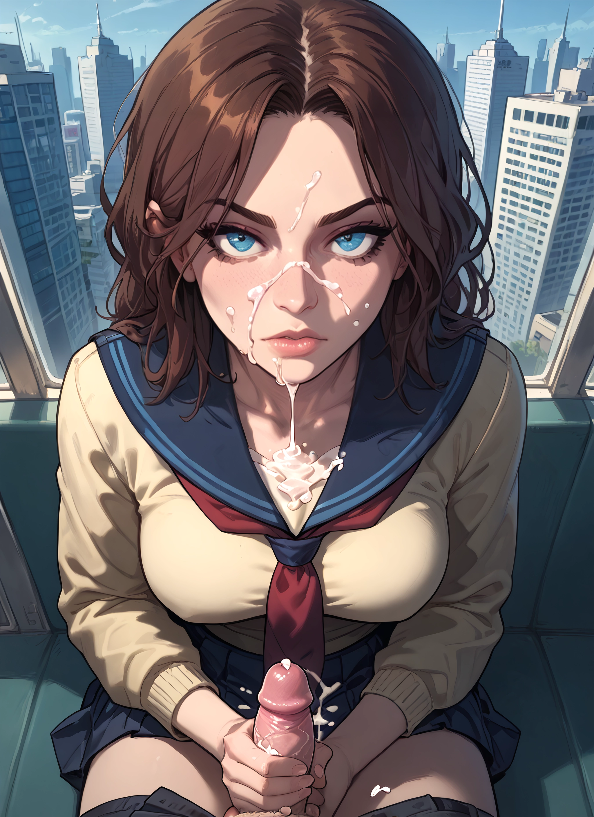penis, 1girl, cum, hetero, blue eyes, brown hair · Yamete.gg