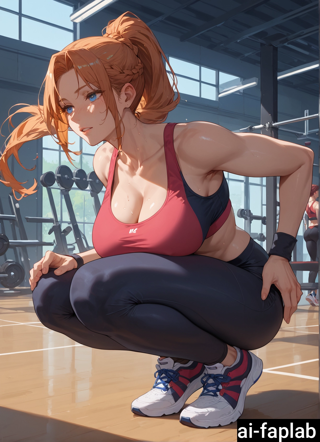 breasts, blue eyes, cleavage, squatting, large breasts, braid
