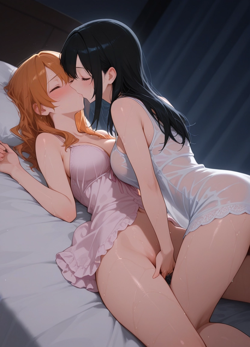 multiple girls, 2girls, yuri, breasts, kiss, closed eyes
