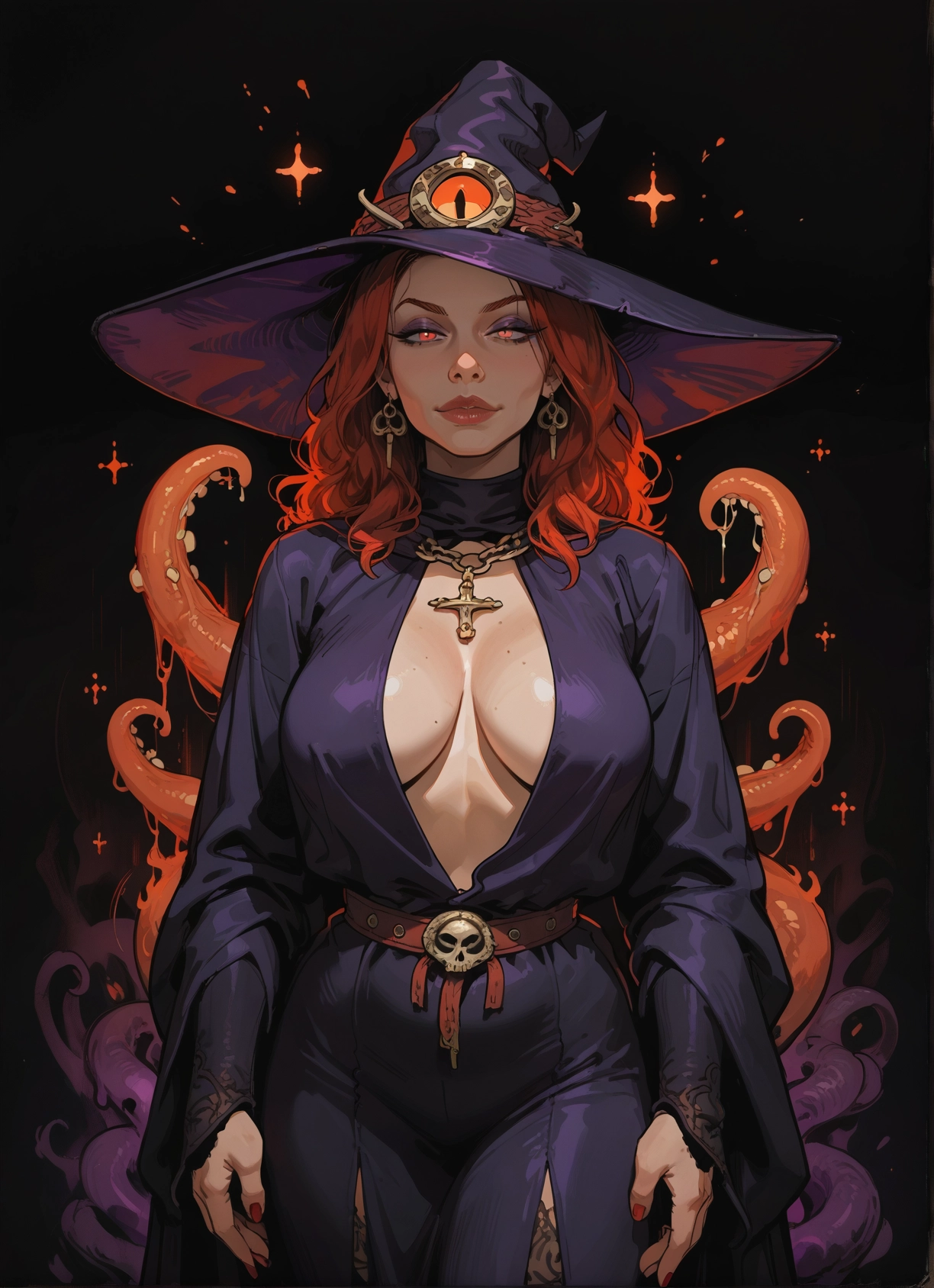 1girl, hat, breasts, witch hat, jewelry, tentacles · Yamete.gg