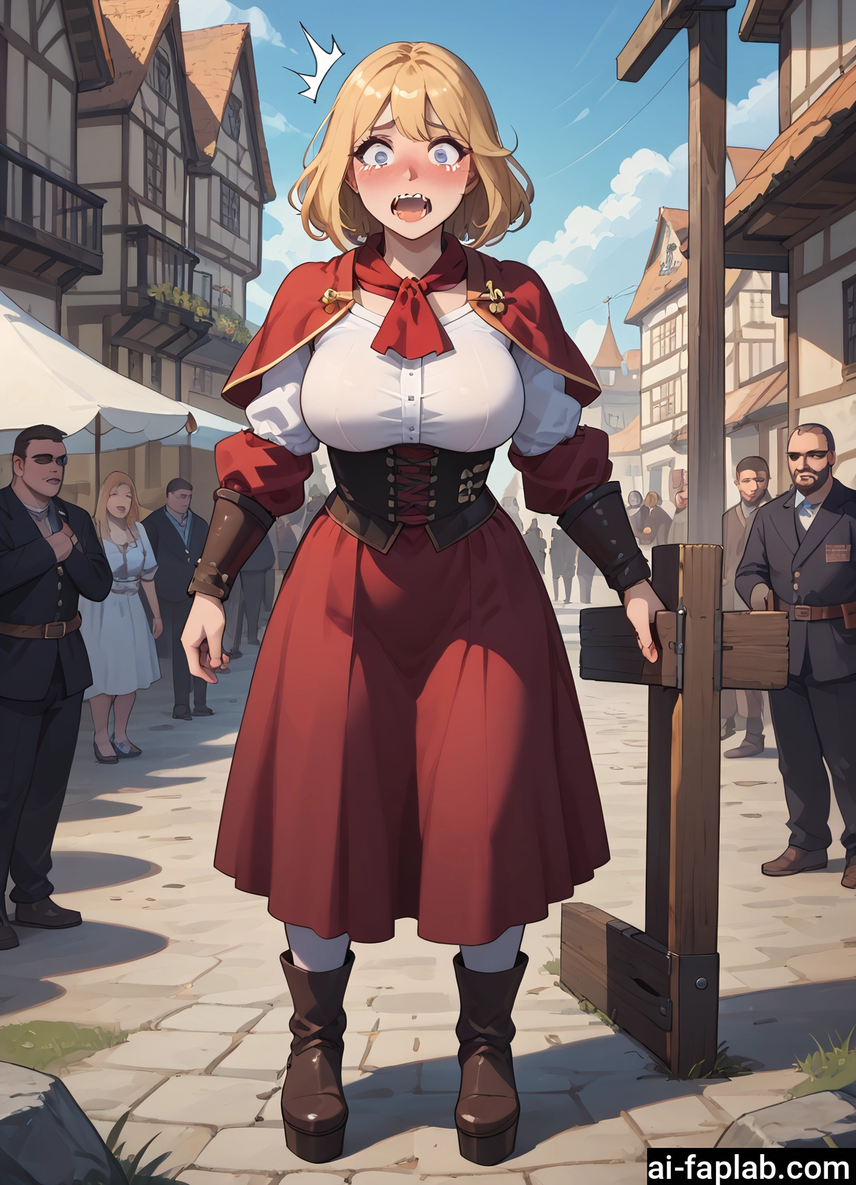 blonde hair, breasts, boots, blue eyes, teeth, large breasts · Yamete.gg