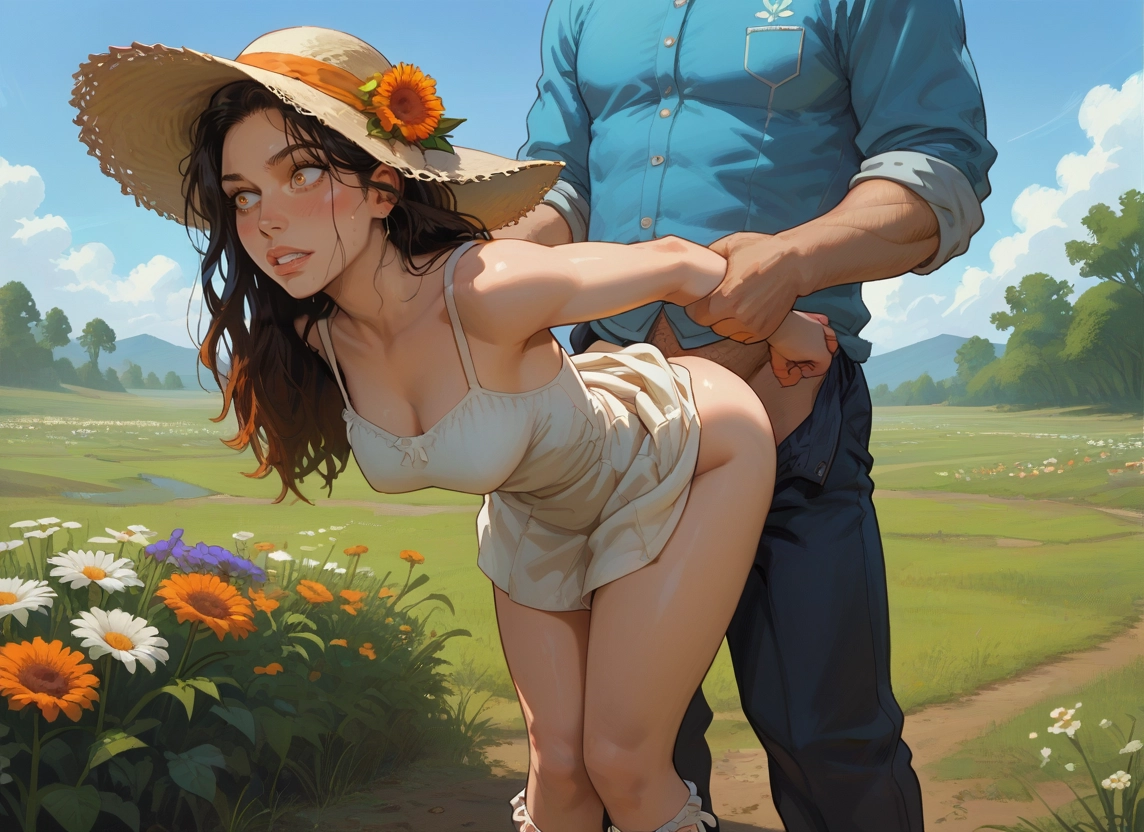 1girl, 1boy, flower, outdoors, hat, hetero · Yamete.gg