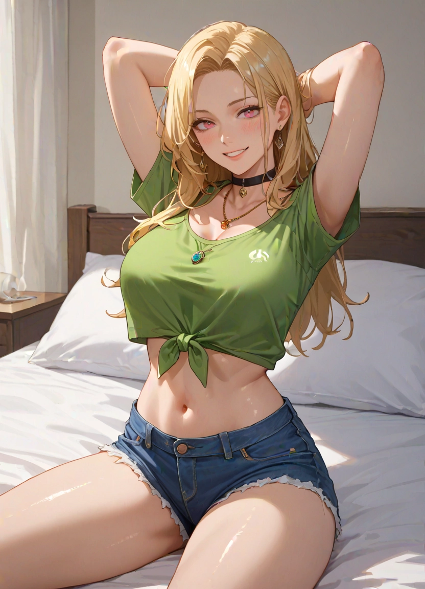 1girl, denim, tied shirt, jewelry, denim shorts, cutoffs · Yamete.gg