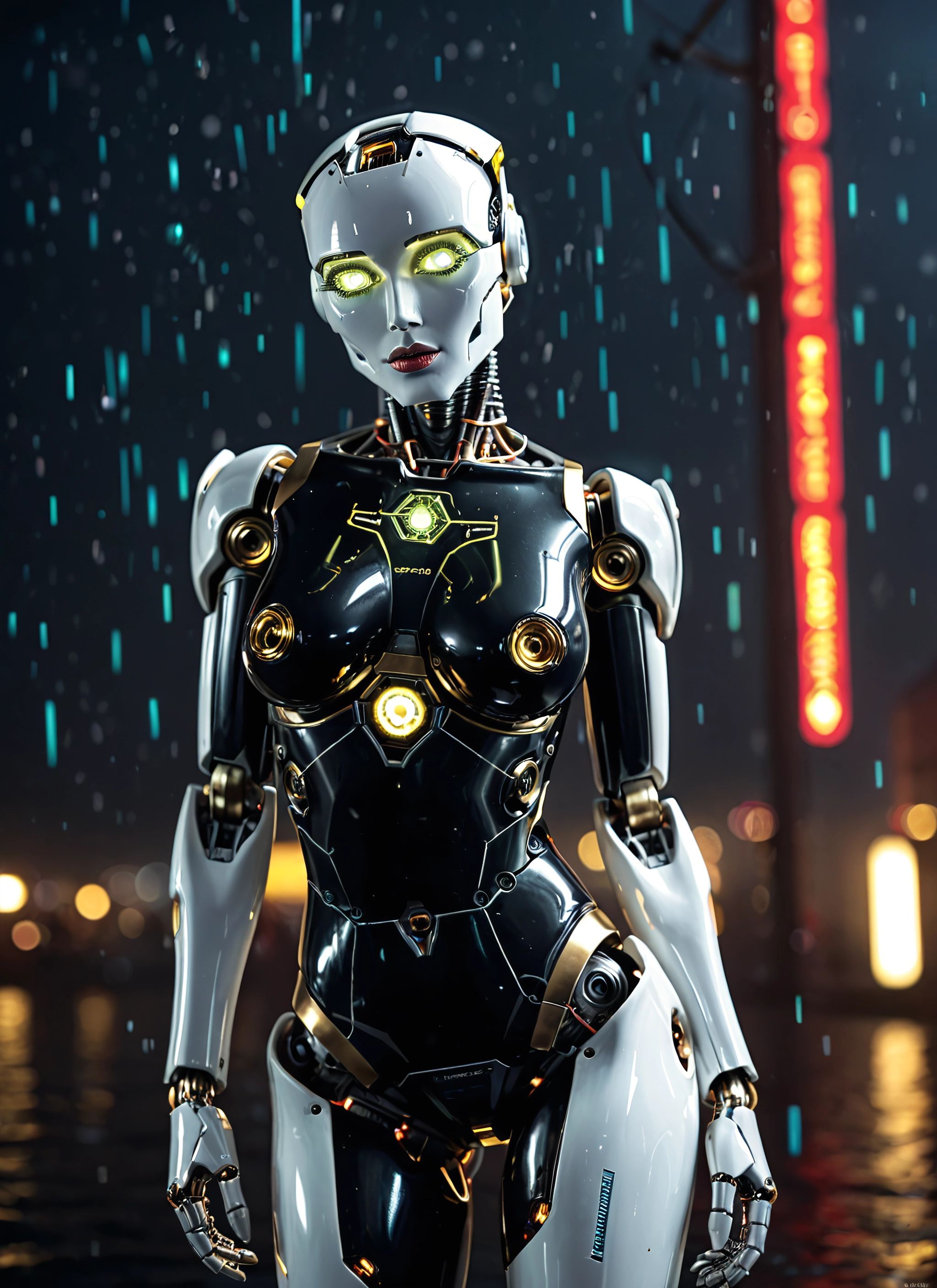 1girl, solo, rain, robot, robot joints, glowing · Yamete.gg