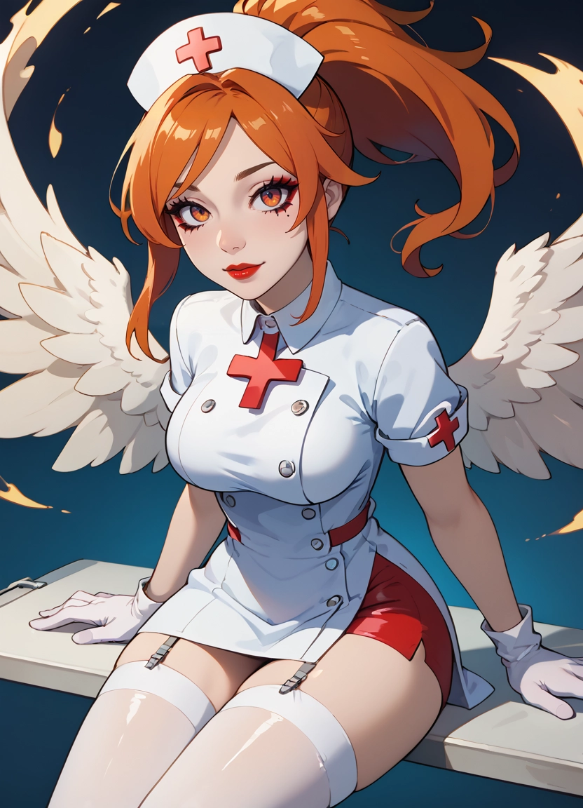 1girl, solo, thighhighs, red lips, nurse cap, hat