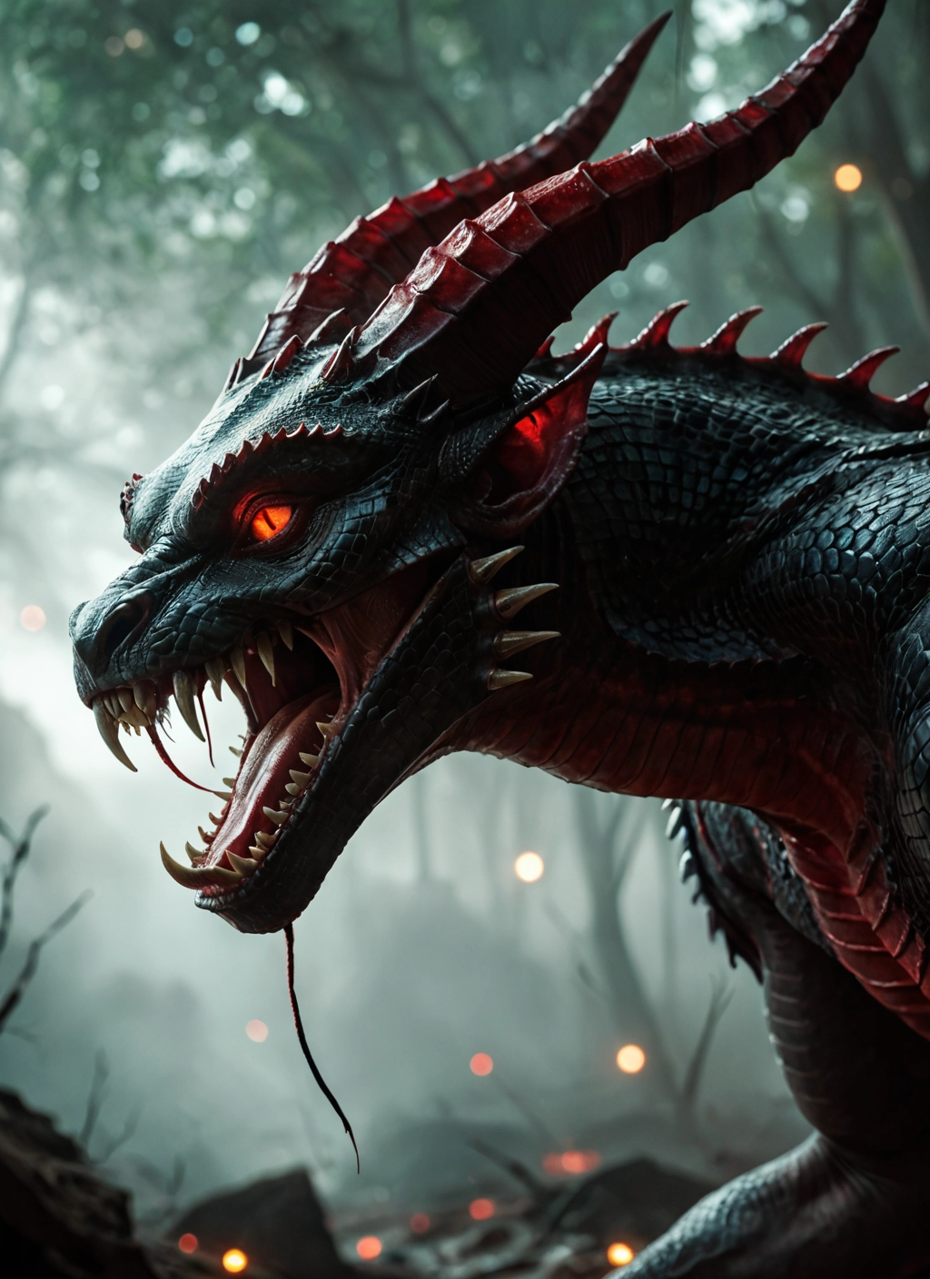 no humans, open mouth, horns, dragon, red eyes, glowing · Yamete.gg