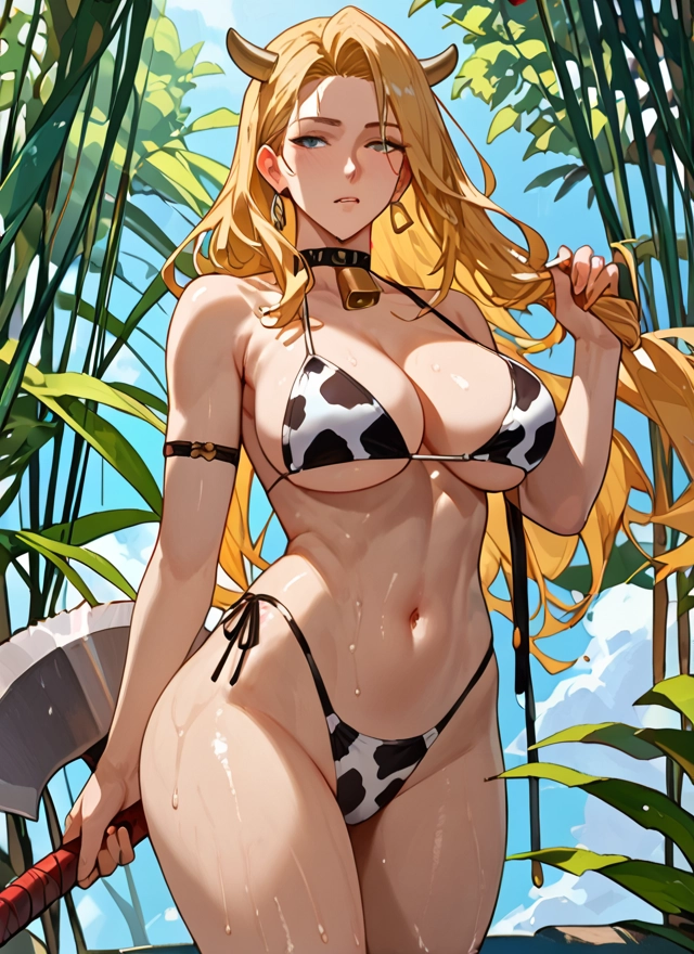 1girl, breasts, swimsuit, bikini, blonde hair, jewelry