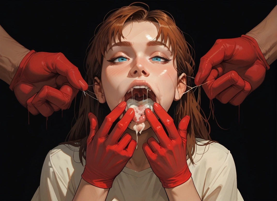 1girl, gloves, cum, blue eyes, cum in mouth, open mouth · Yamete.gg
