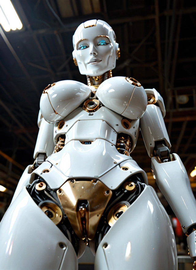 1girl, breasts, solo, robot, blue eyes, robot joints