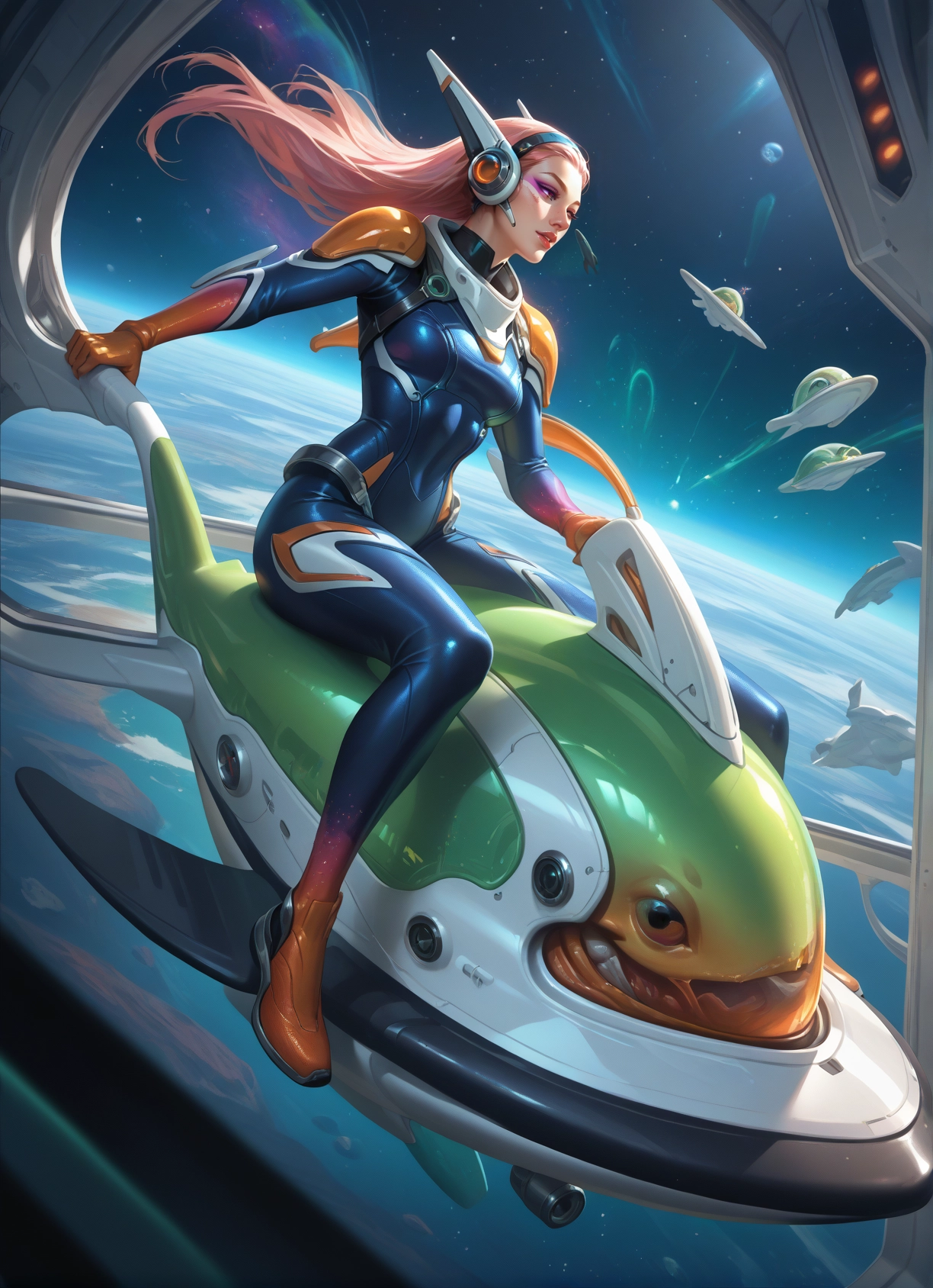 1girl, bodysuit, long hair, pilot suit, facial mark, space · Yamete.gg