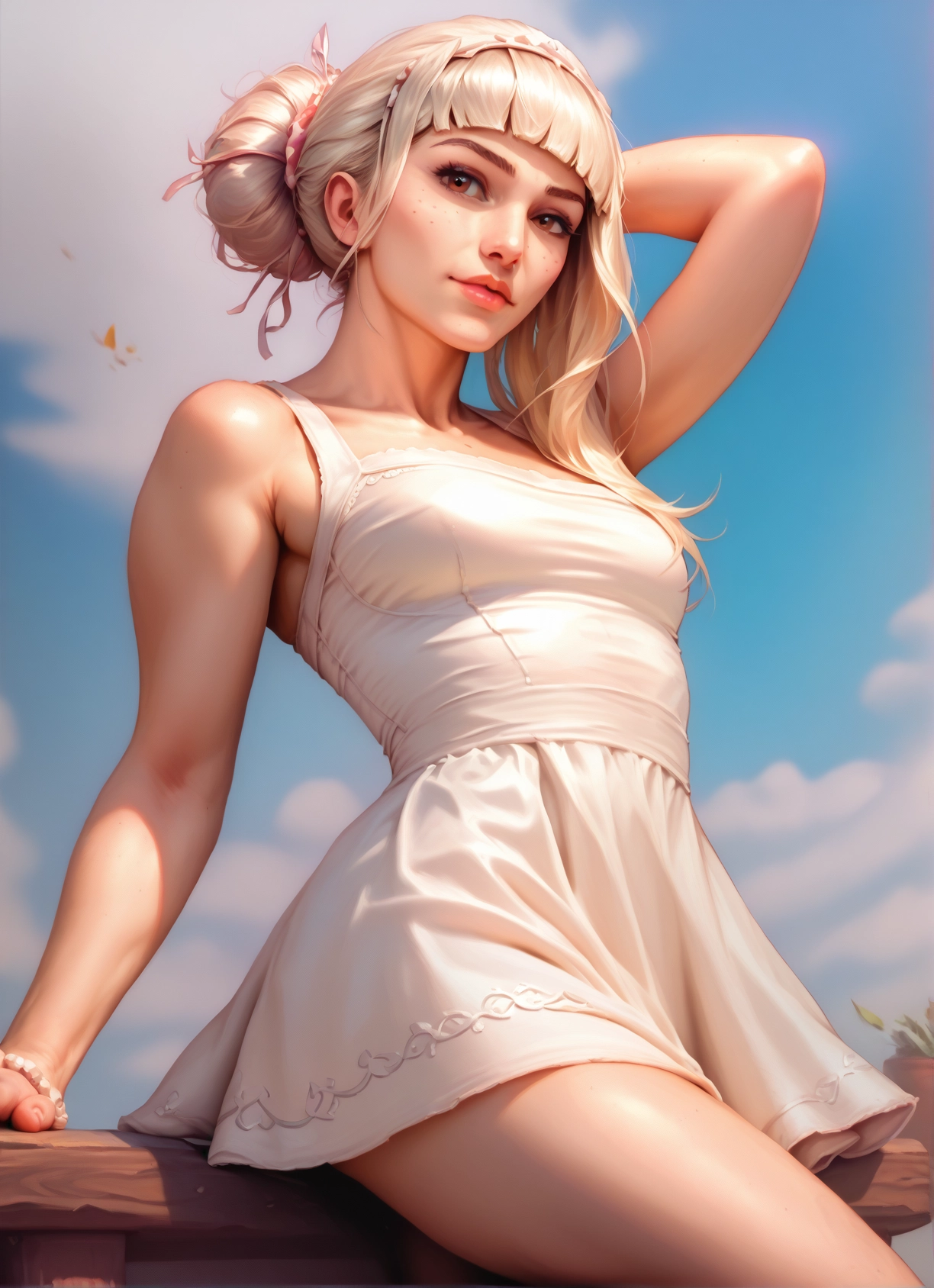 1girl, solo, dress, freckles, white dress, looking at viewer · Yamete.gg