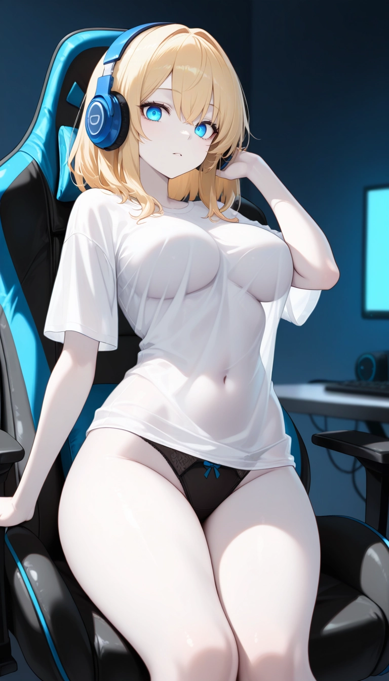 1girl, solo, breasts, underwear, headphones, blonde hair · Yamete.gg
