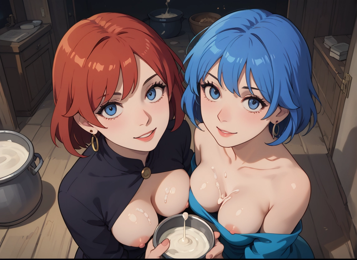 breasts, multiple girls, 2girls, nipples, blue eyes, blue hair · Yamete.gg