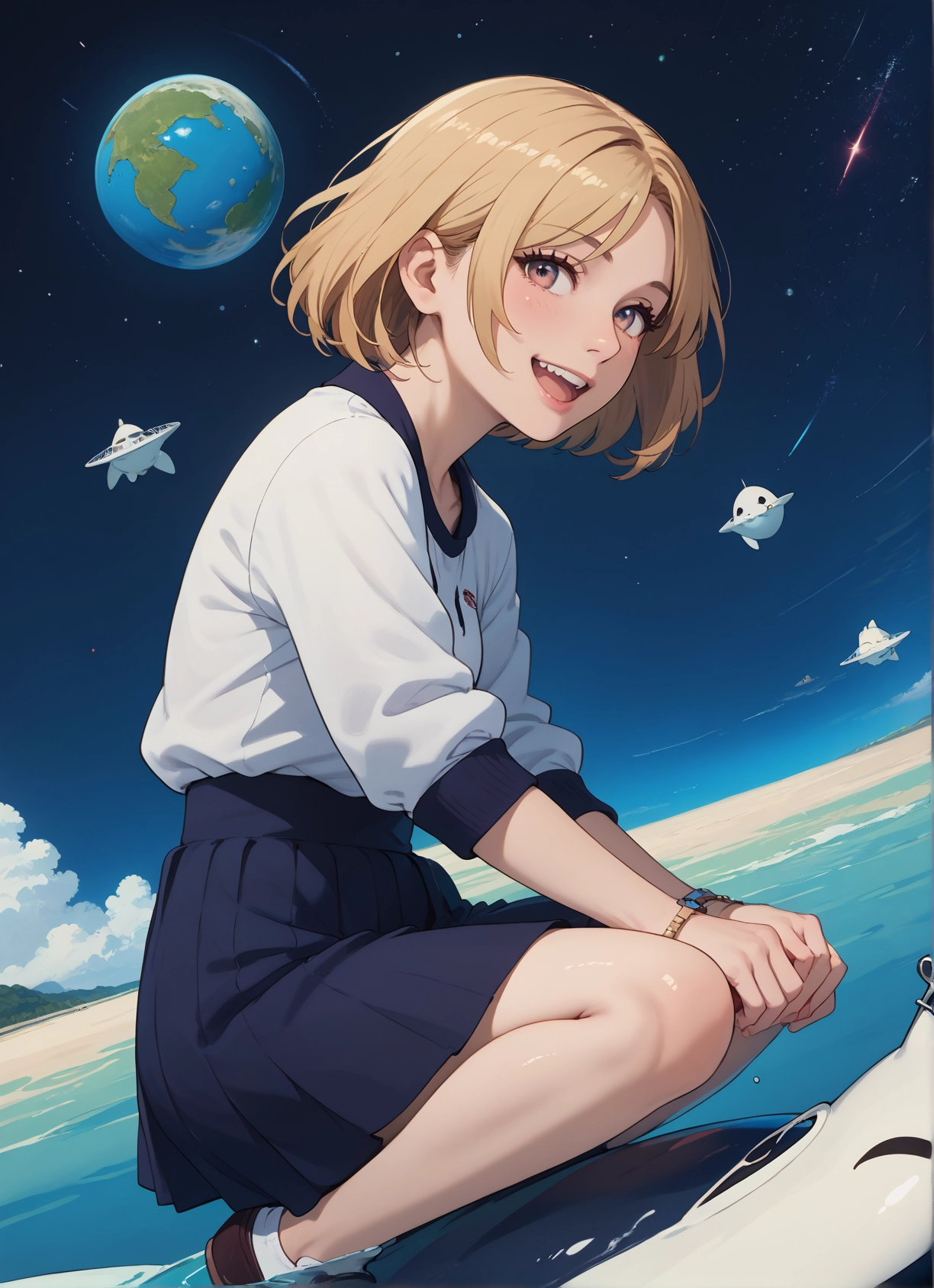 1girl, skirt, open mouth, smile, short hair, solo · Yamete.gg