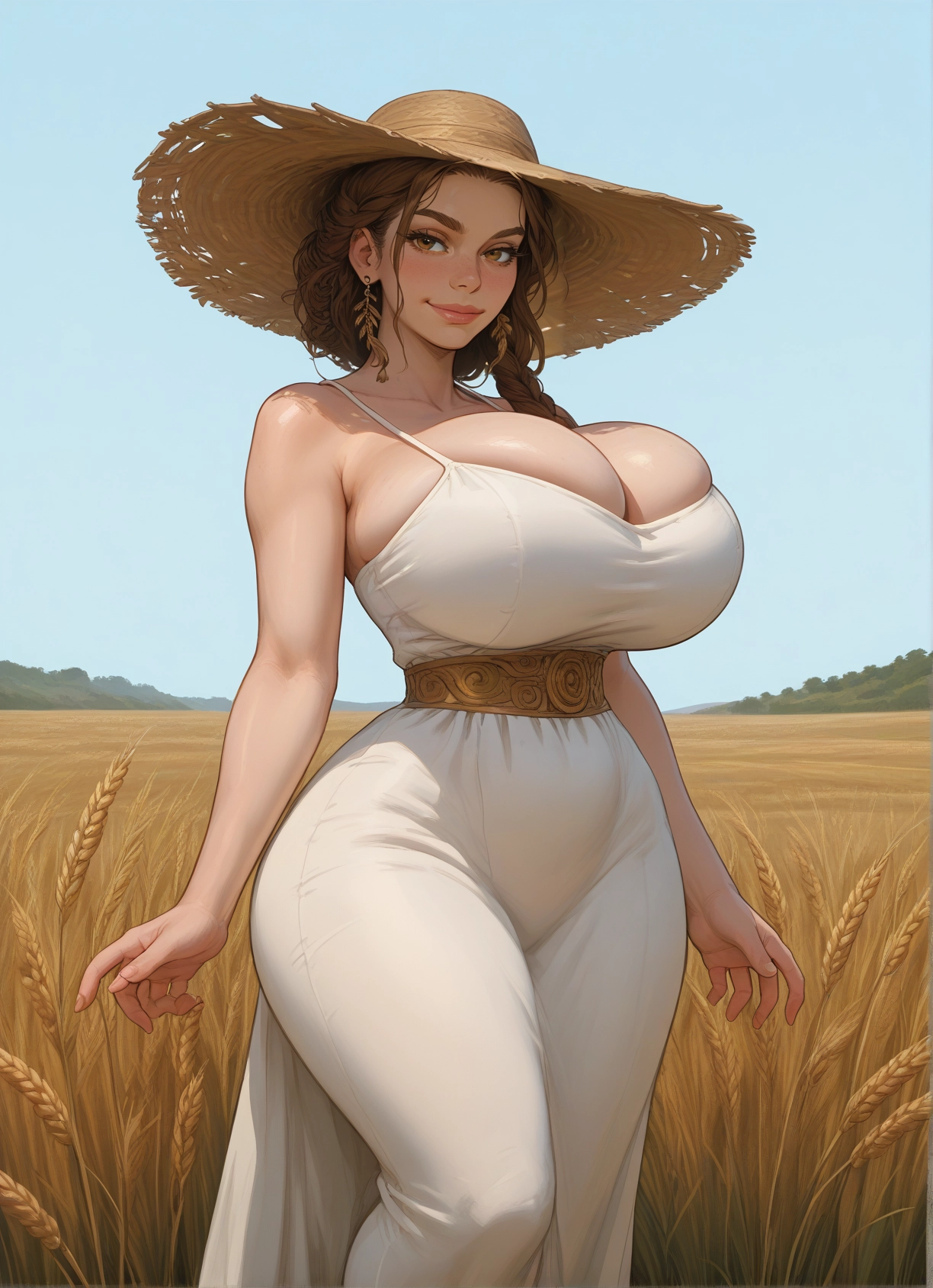 1girl, breasts, dress, hat, solo, white dress · Yamete.gg