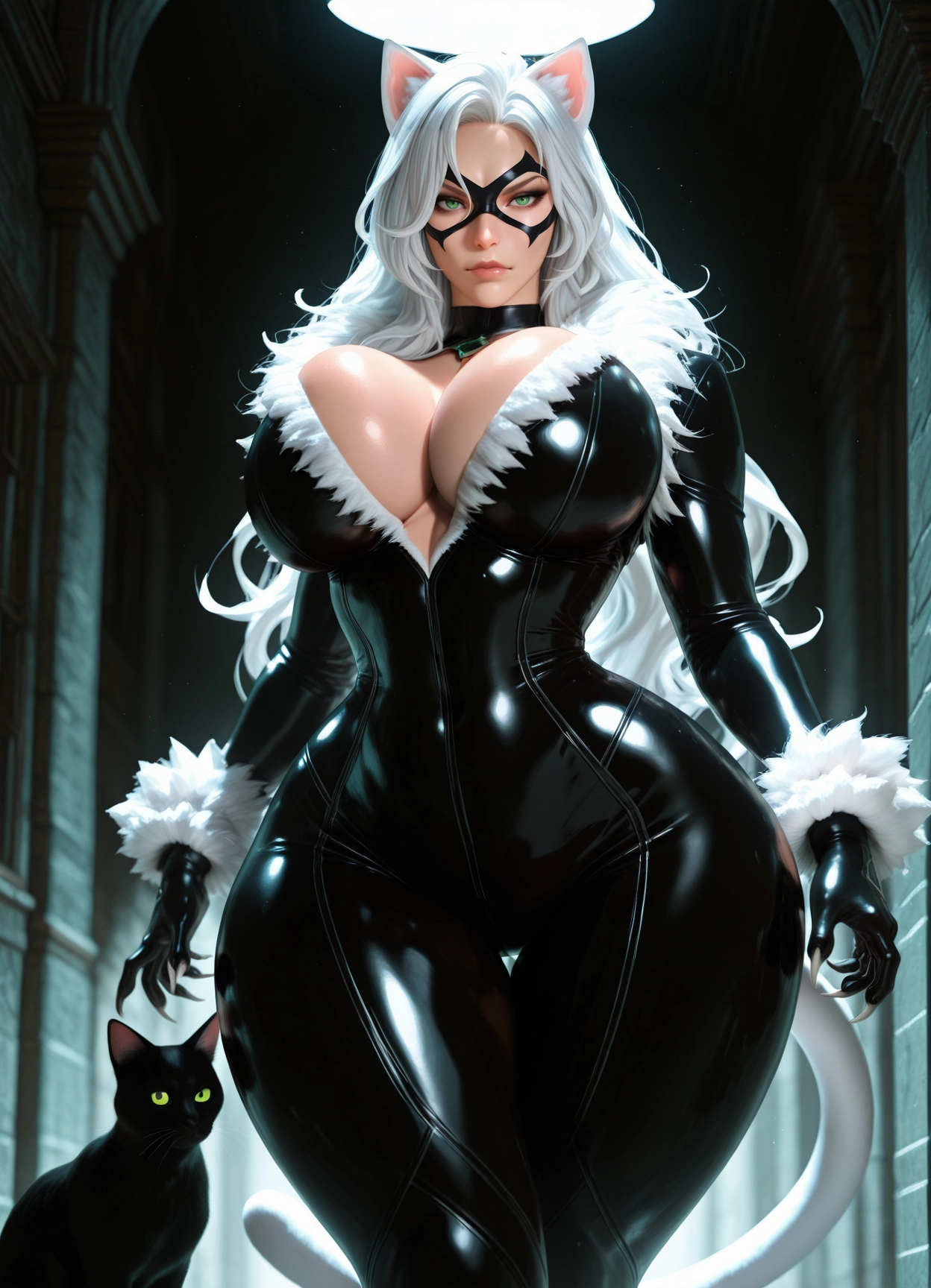1girl, breasts, animal ears, cat ears, white hair, cat · Yamete.gg