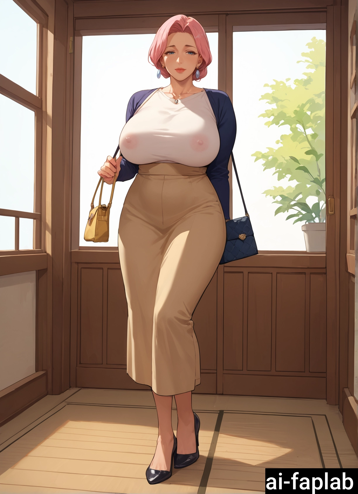 1girl, mature female, breasts, solo, handbag, bag