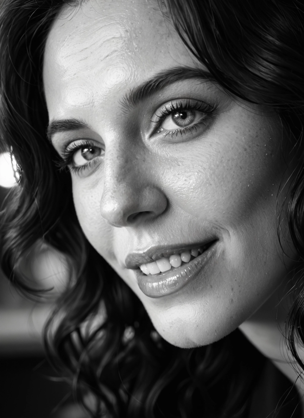 monochrome, greyscale, 1girl, solo, smile, realistic · Yamete.gg
