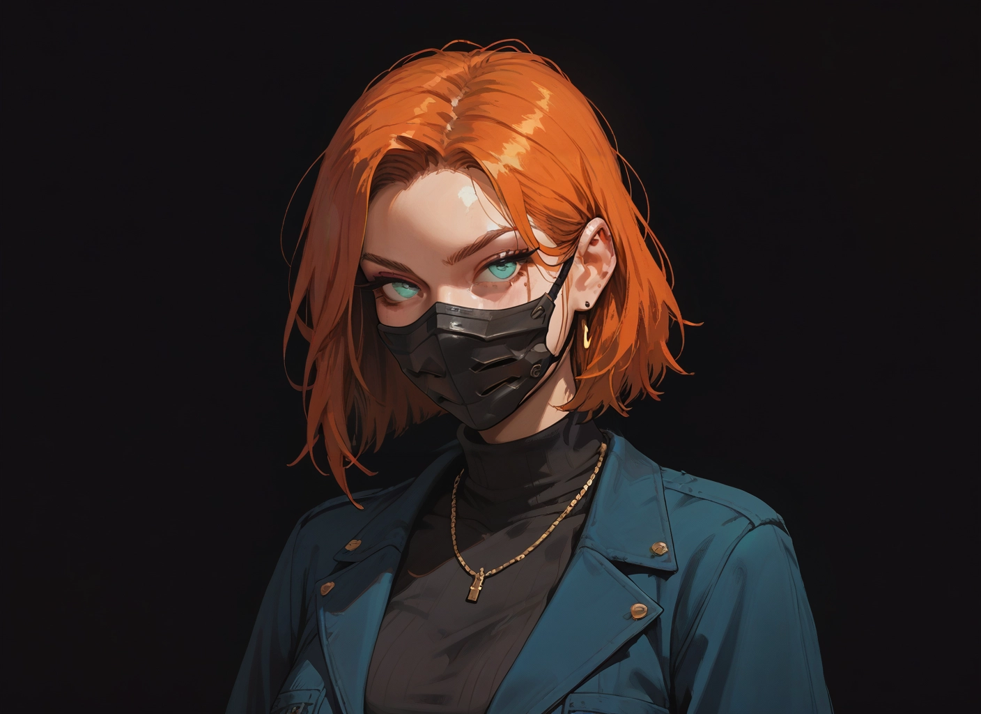 1girl, jewelry, necklace, solo, earrings, orange hair