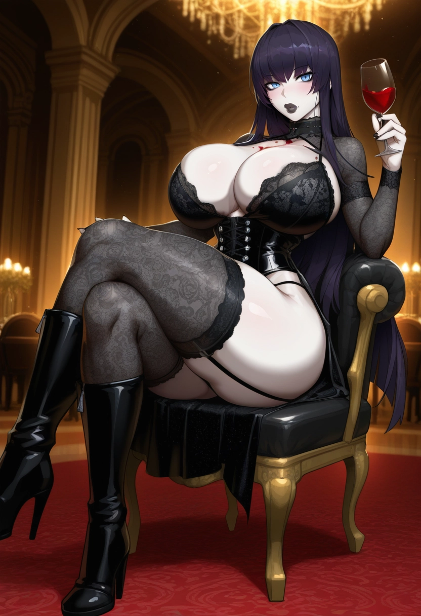 1girl, breasts, thighhighs, wine glass, cup, garter straps