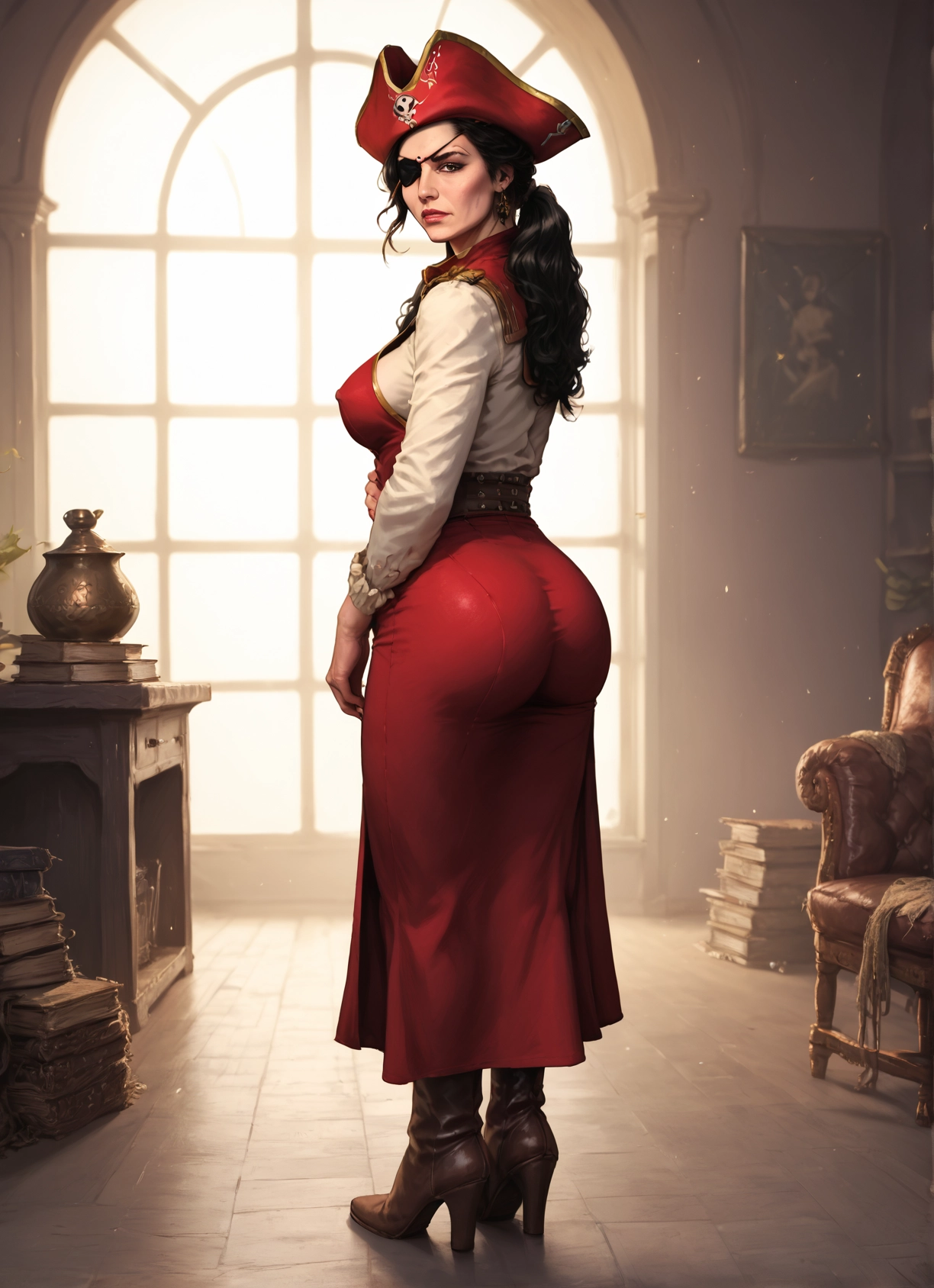 1girl, ass, breasts, eyepatch, hat, solo · Yamete.gg