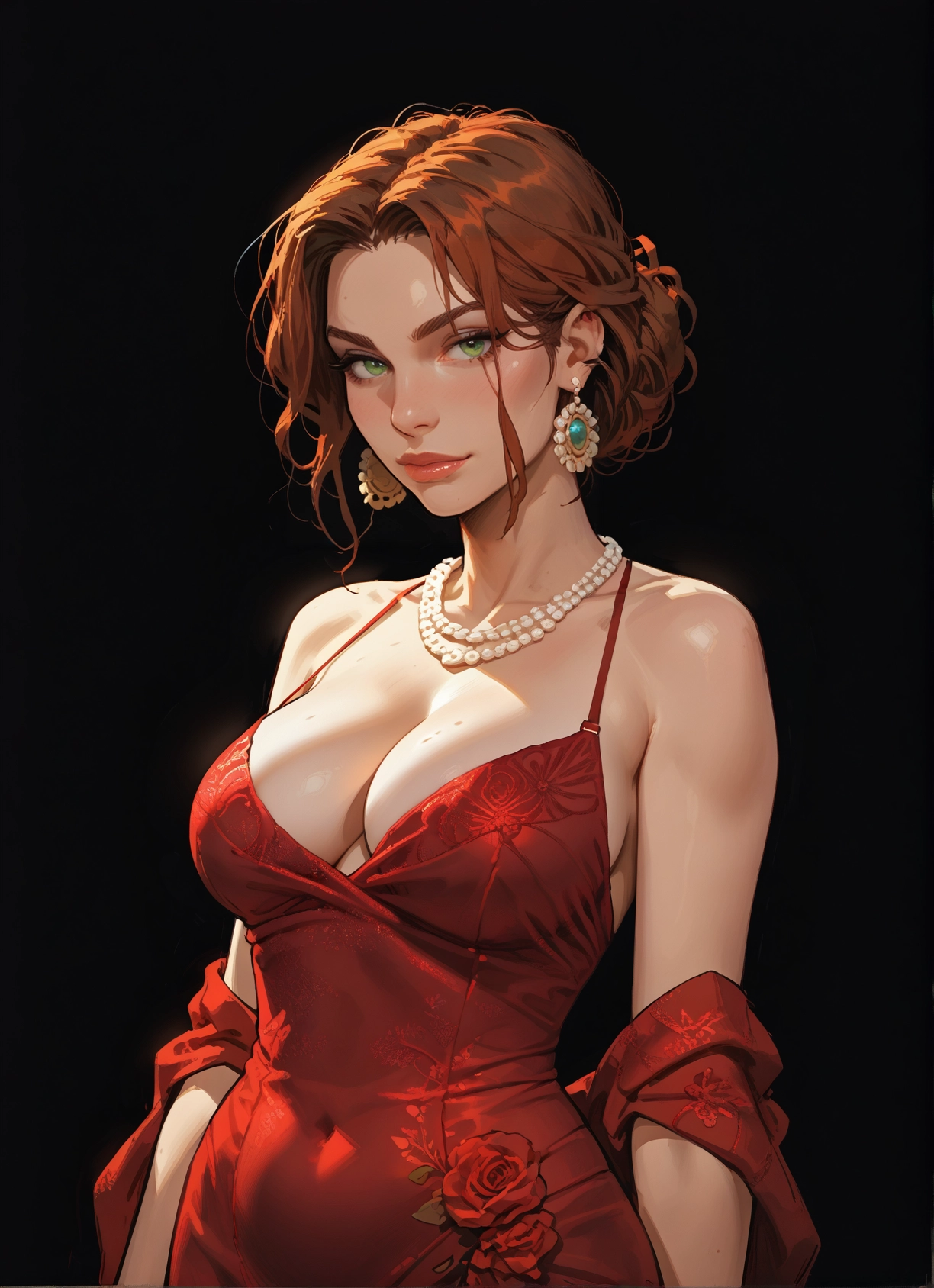 breasts, 1girl, dress, jewelry, green eyes, earrings · Yamete.gg