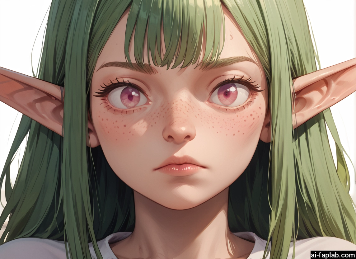 1girl, solo, pointy ears, freckles, green hair, looking at viewer · Yamete.gg