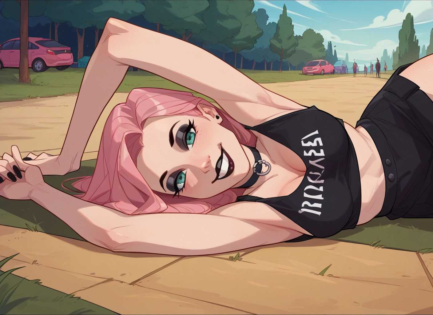1girl, pink hair, breasts, lying, choker, armpits · Yamete.gg