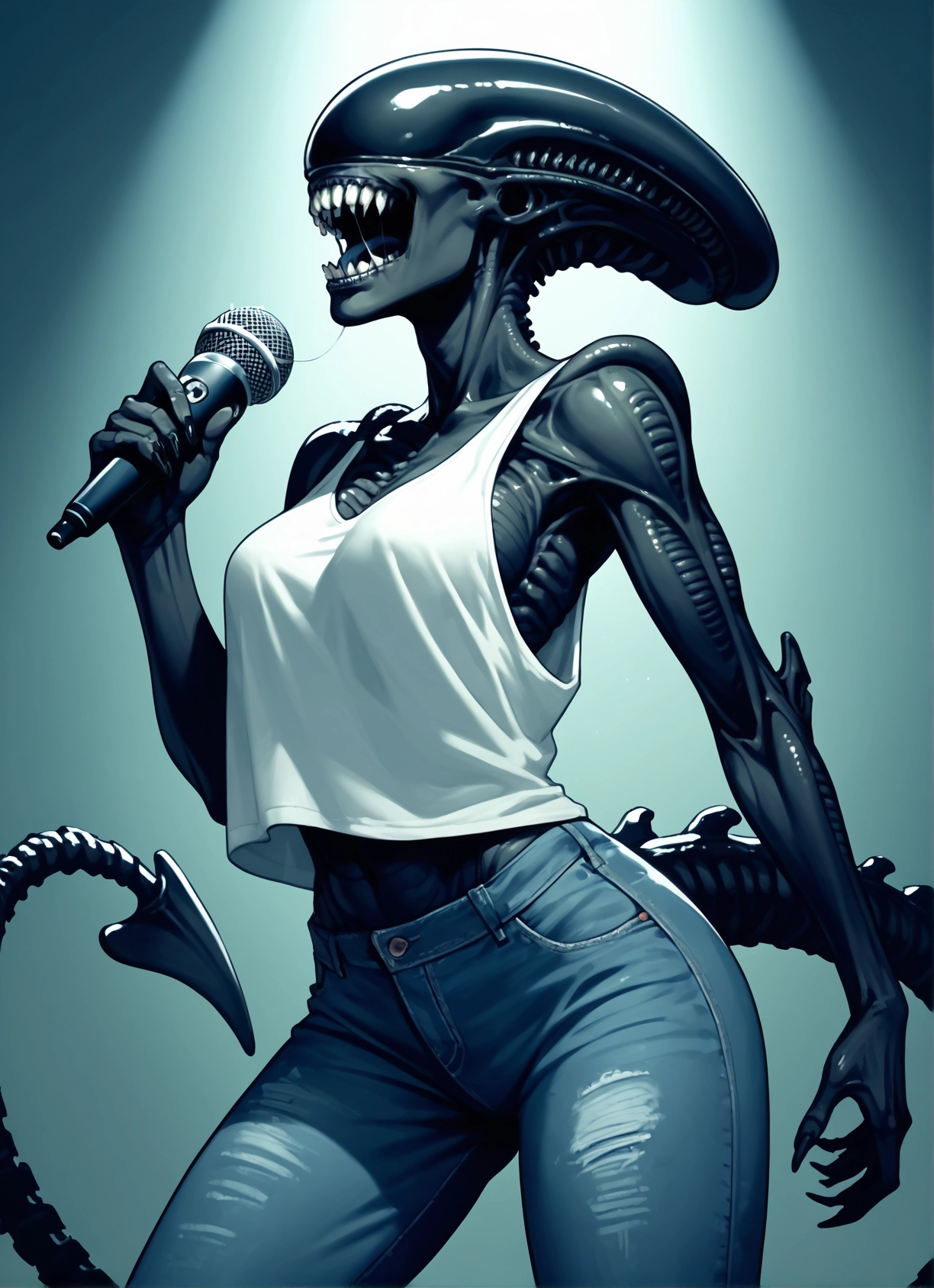 1girl, microphone, pants, tail, denim, jeans · Yamete.gg
