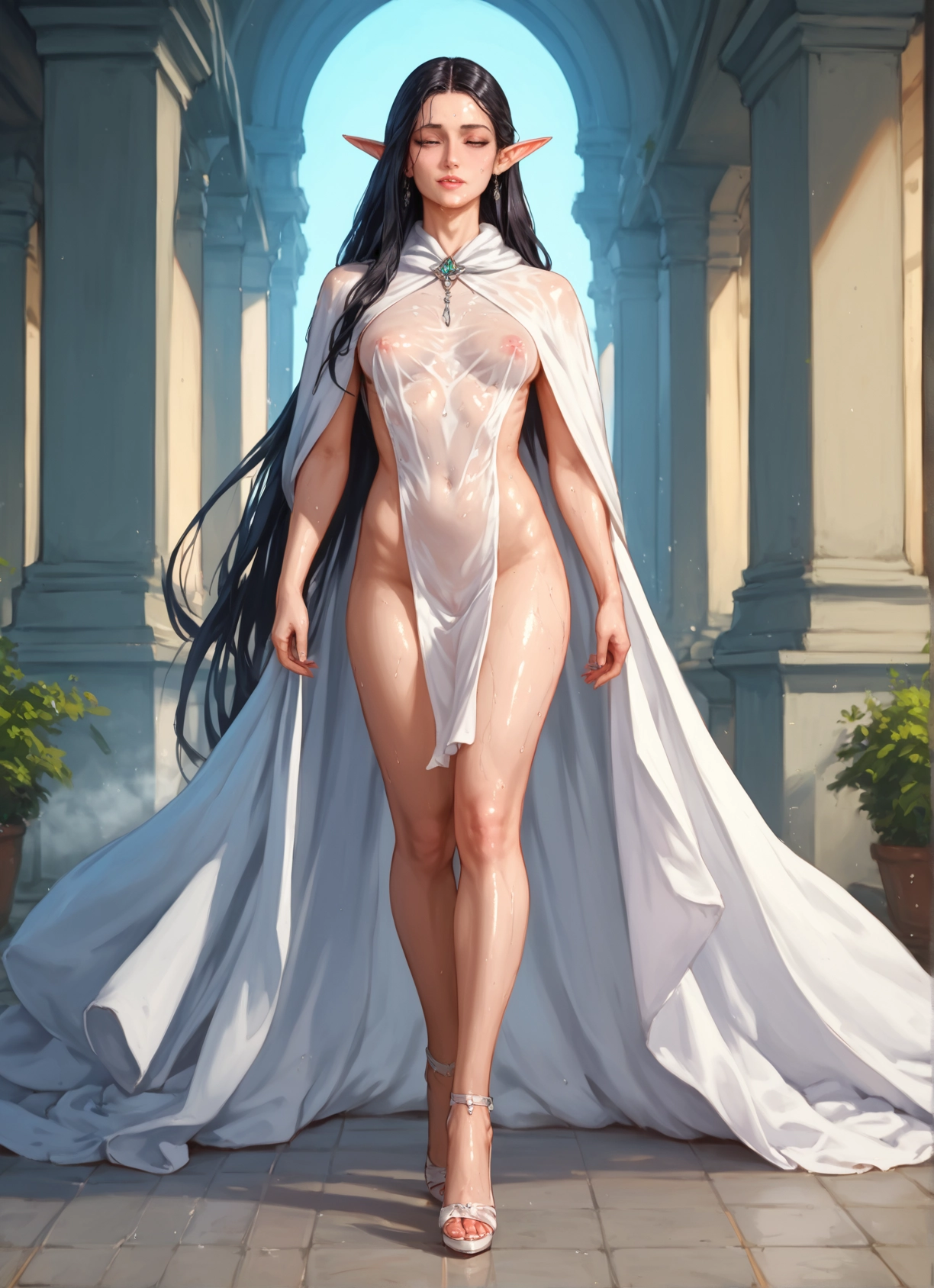 1girl, pointy ears, long hair, breasts, solo, see-through · Yamete.gg