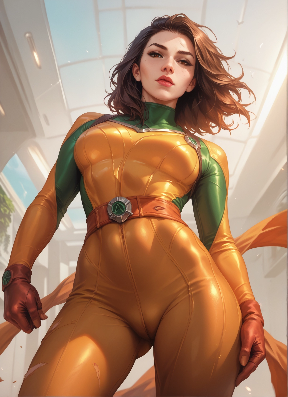1girl, brown hair, solo, bodysuit, gloves, brown eyes · Yamete.gg