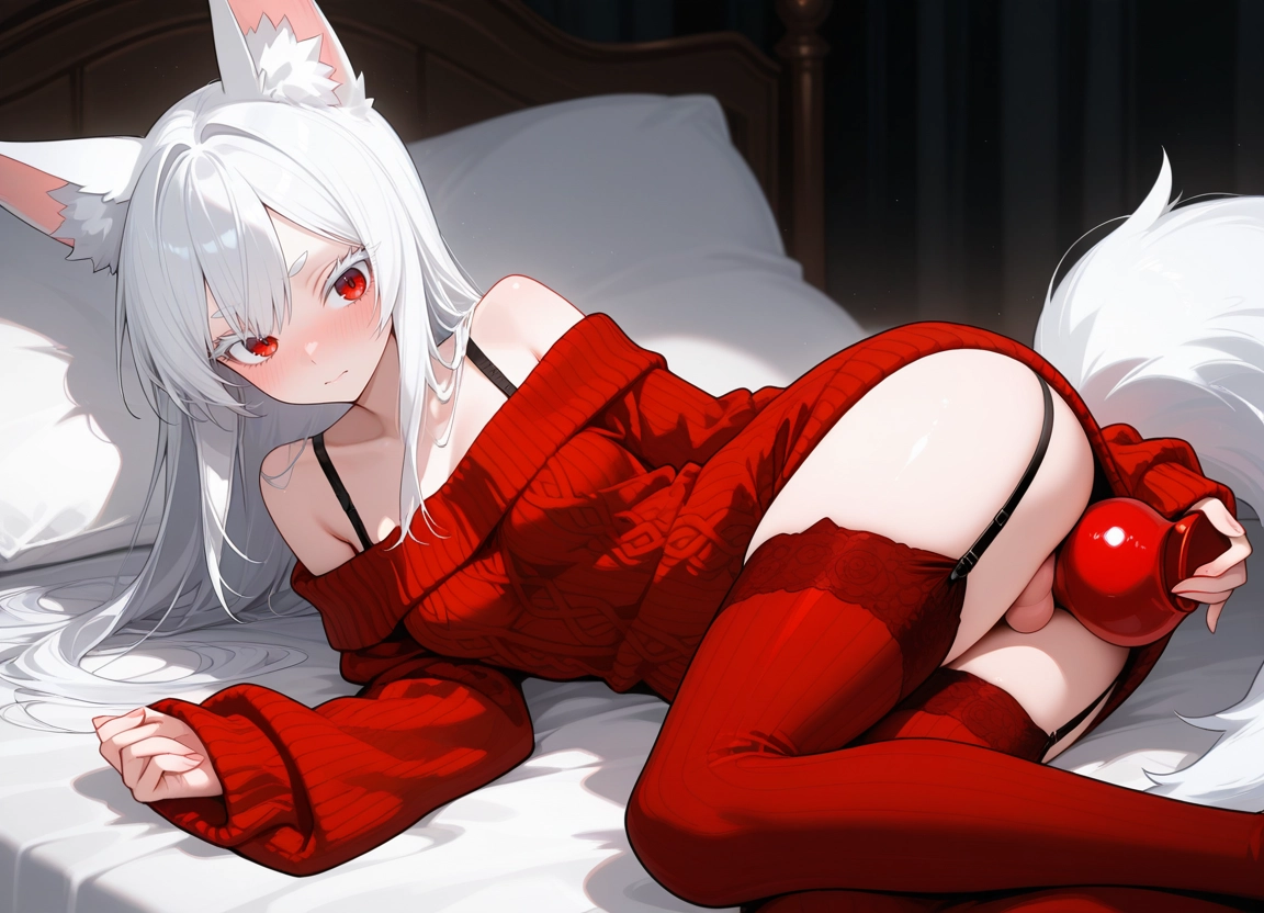 on side, 1girl, solo, lying, red eyes, thighhighs · Yamete.gg