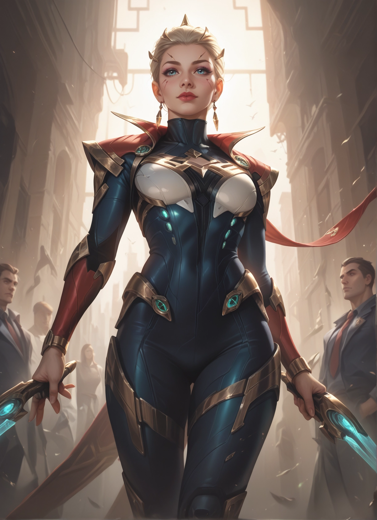 weapon, 1girl, blonde hair, sword, bodysuit, jewelry · Yamete.gg
