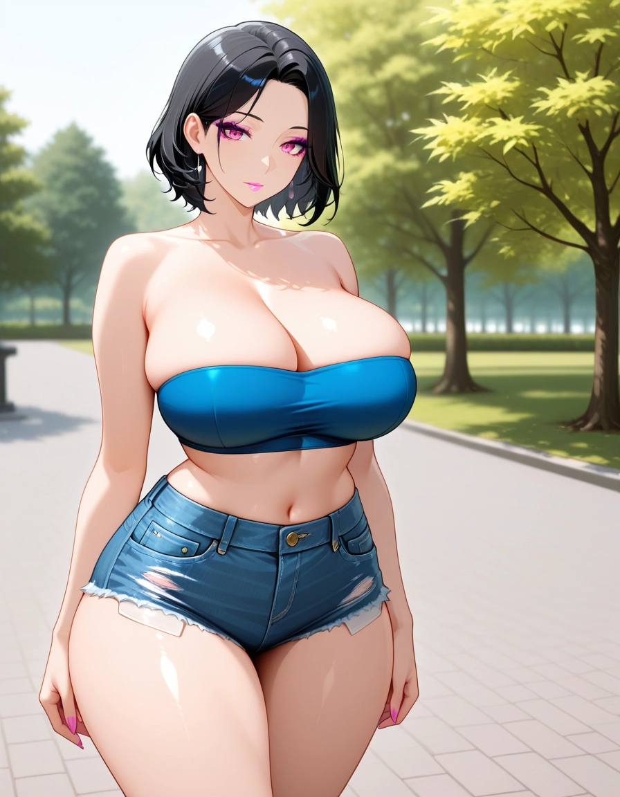 1girl, breasts, black hair, shorts, solo, denim · Yamete.gg