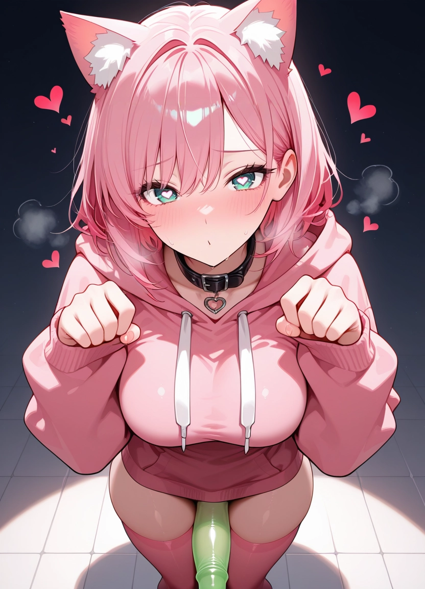 1girl, heart, hood, pink hair, thighhighs, animal ears