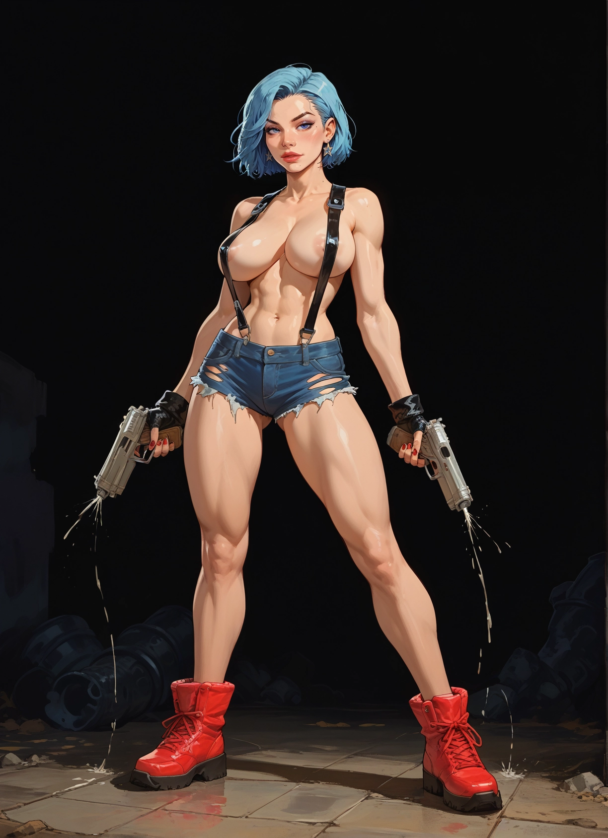 1girl, breasts, weapon, gun, shorts, gloves · Yamete.gg