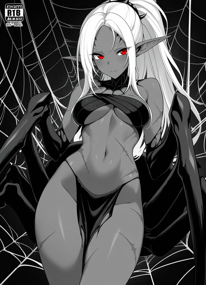 1girl, solo, breasts, pointy ears, red eyes, navel