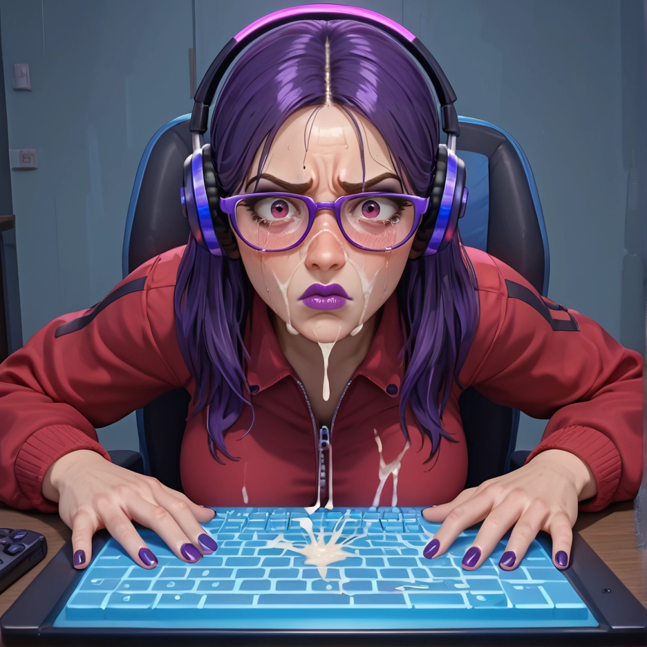 1girl, cum, purple hair, solo, glasses, headphones