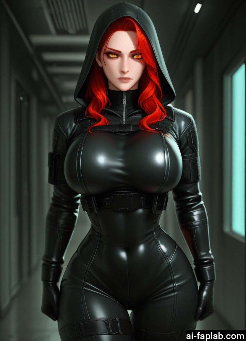 1girl, breasts, bodysuit, red hair, hood, yellow eyes · Yamete.gg