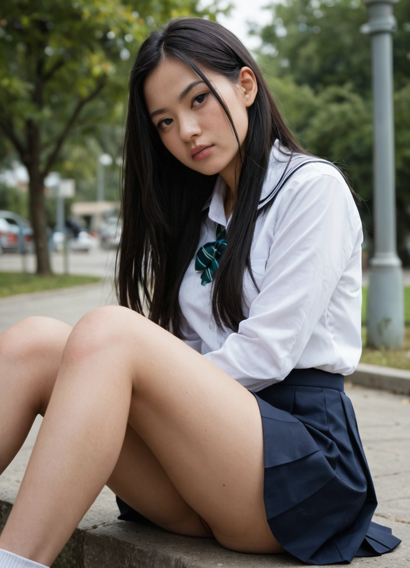 1girl, solo, long hair, skirt, school uniform, sitting · Yamete.gg