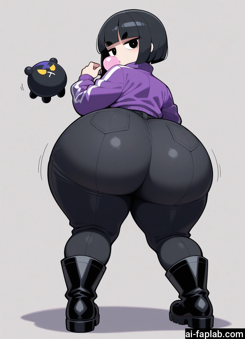1girl, ass, black hair, chewing gum, boots, short hair