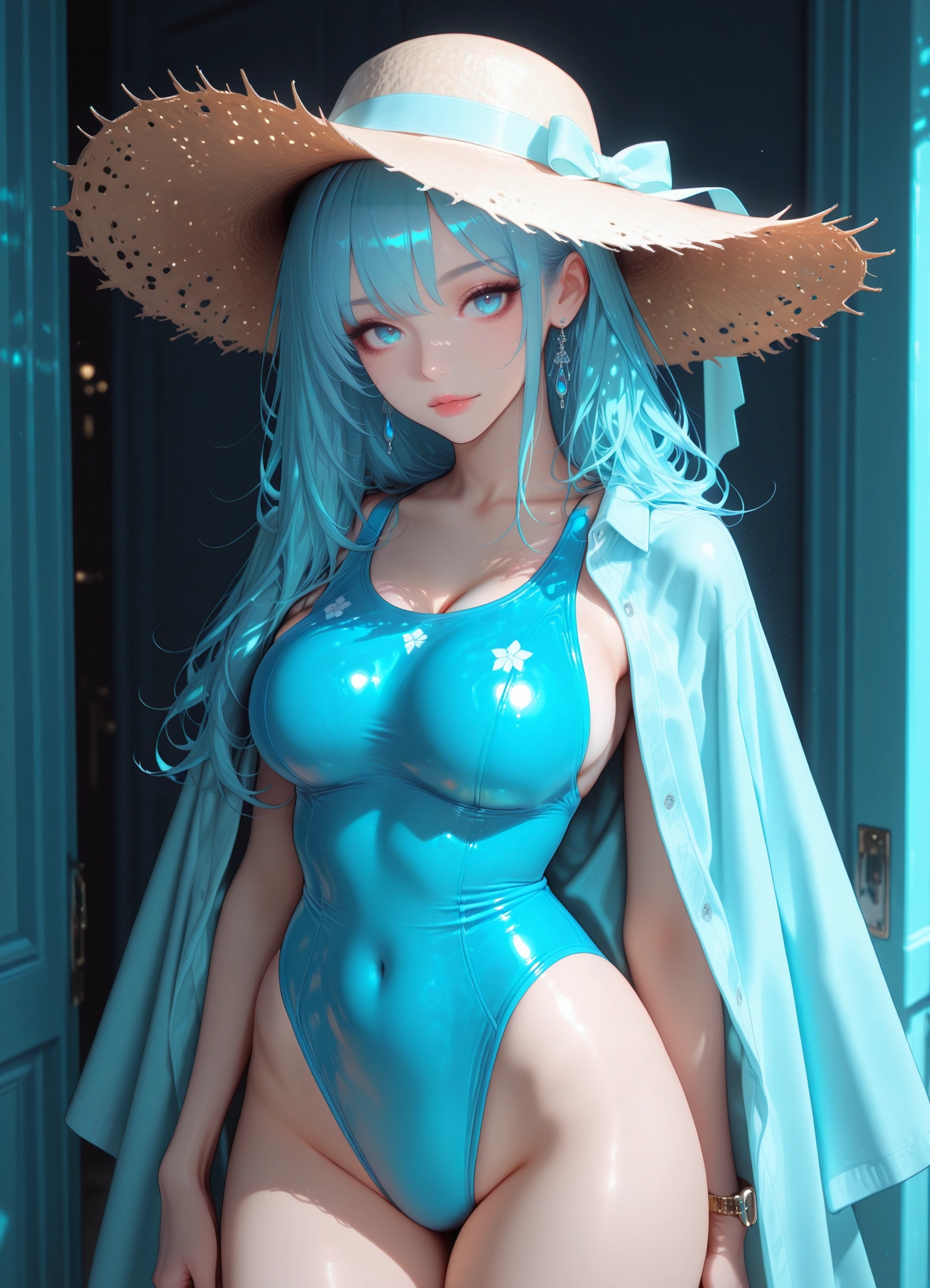1girl, breasts, earrings, jewelry, covered navel, one-piece swimsuit · Yamete.gg