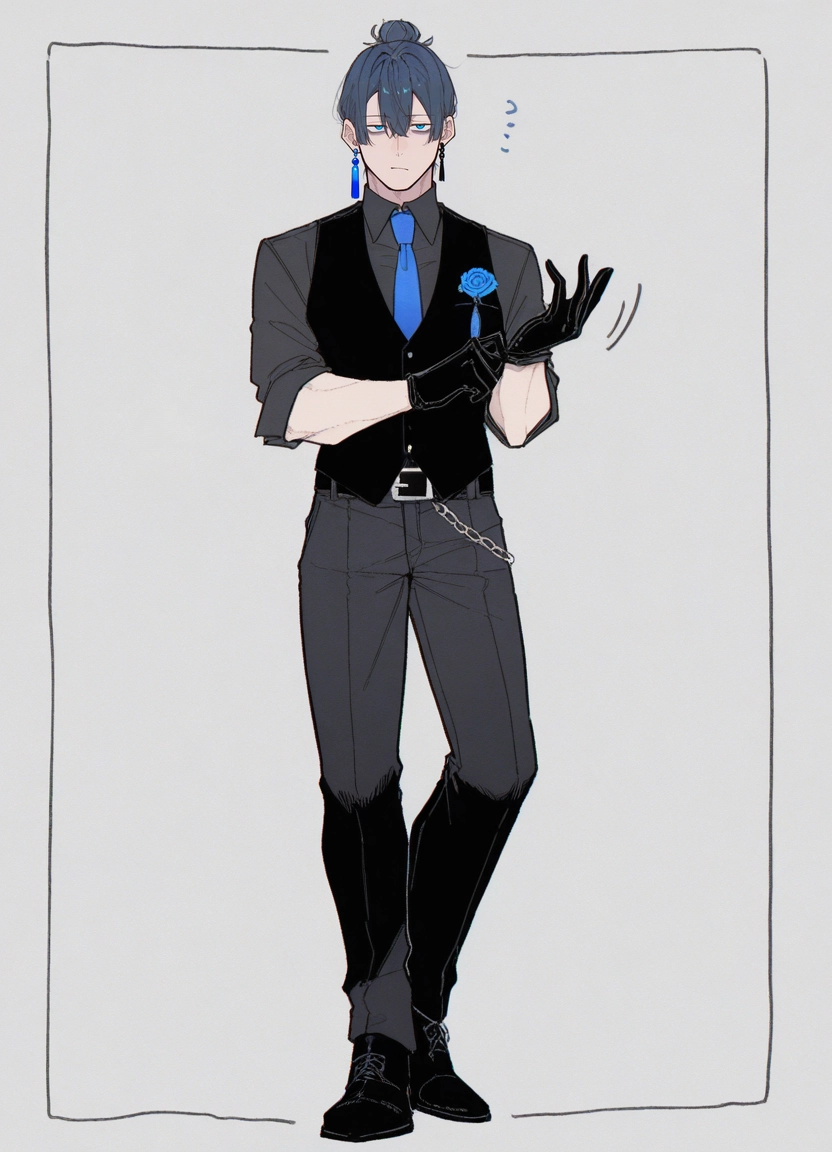 1boy, blue hair, gloves, male focus, solo, necktie · Yamete.gg