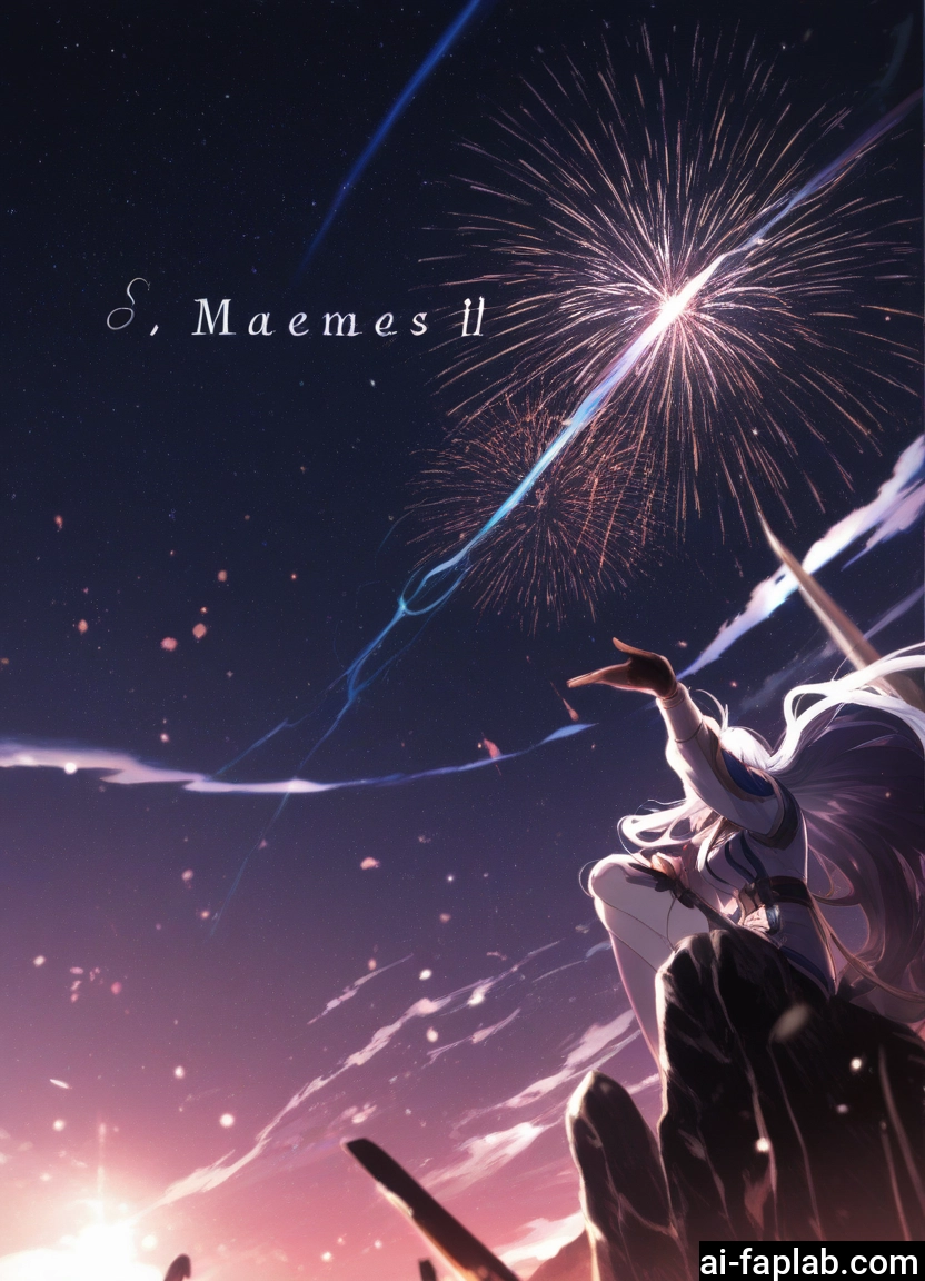 1girl, long hair, fireworks, solo, sky, sitting