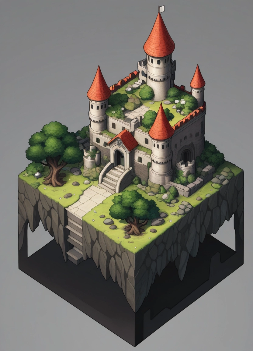 no humans, tree, scenery, isometric, castle, grey background · Yamete.gg