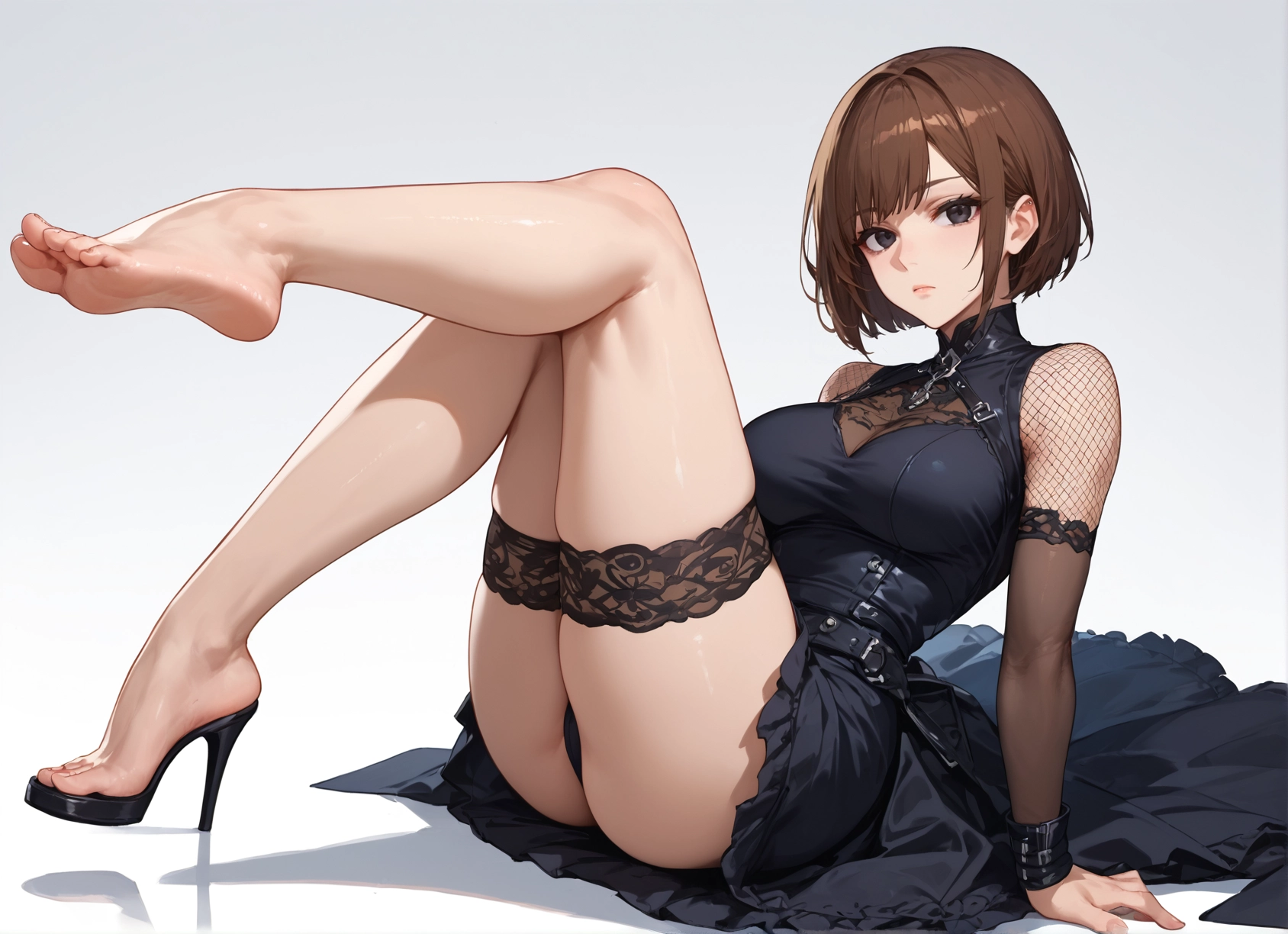 1girl, brown hair, feet, high heels, breasts, short hair · Yamete.gg